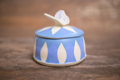 Blue & White Lidded Butterfly Jar [SOLD] $65.00