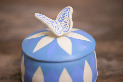 Blue & White Lidded Butterfly Jar [SOLD] $65.00