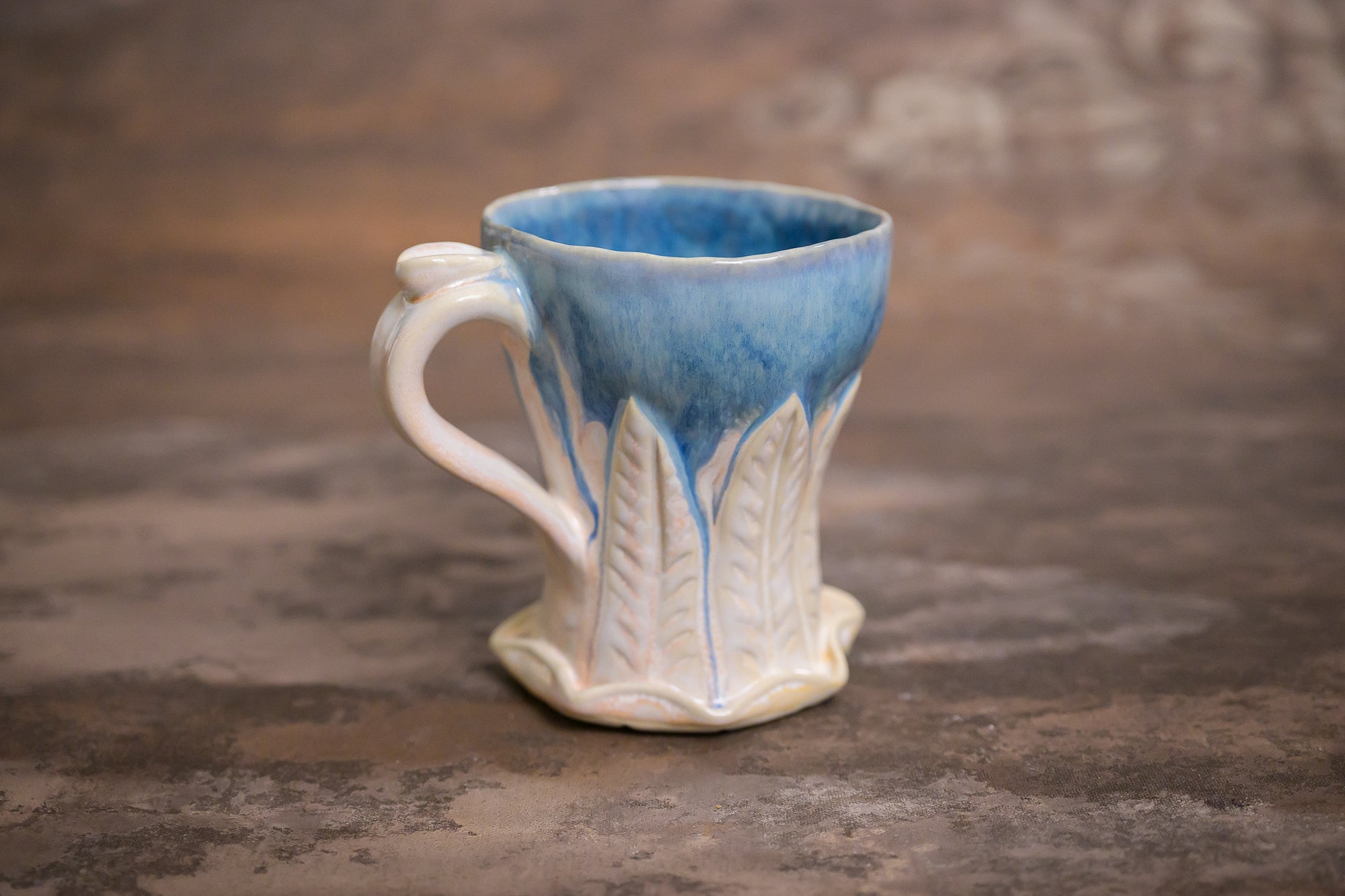 Blue Cream Carved Mug